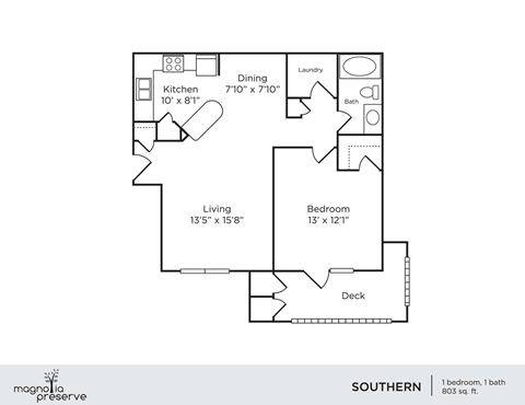 Floor plan for 1 bed, 1 bath, 803 sqft